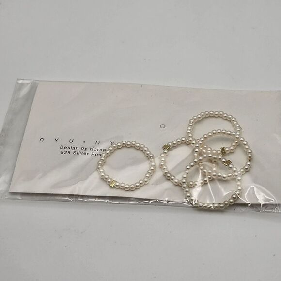 NWT Nyu Nyu Set Of 5 Faux Pearl Rings - Picture 1 of 2